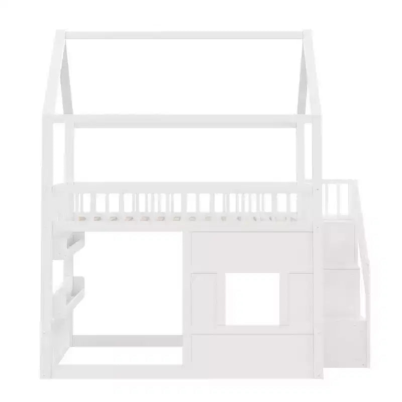 Luxystar Full size Wood House Loft Bed with Built-in Shelf, Storage Staircase and Light