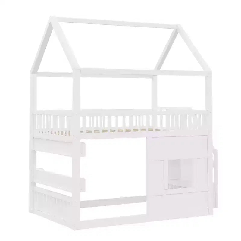 Luxystar Full size Wood House Loft Bed with Built-in Shelf, Storage Staircase and Light