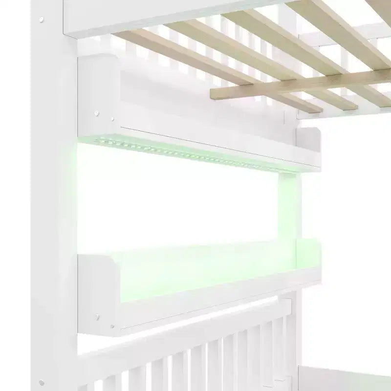 Luxystar Full size Wood House Loft Bed with Built-in Shelf, Storage Staircase and Light