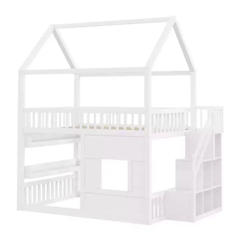 Luxystar Full size Wood House Loft Bed with Built-in Shelf, Storage Staircase and Light