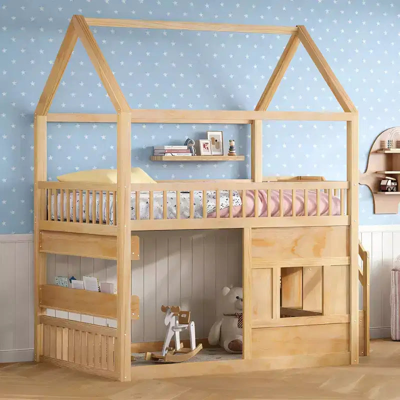 Luxystar Full size Wood House Loft Bed with Built-in Shelf, Storage Staircase and Light