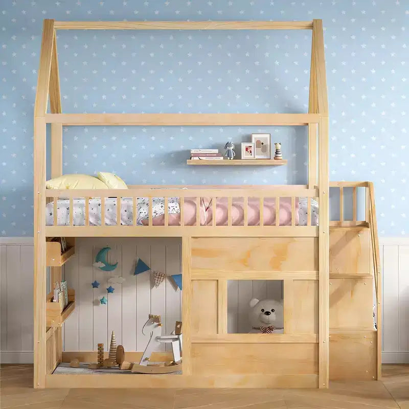 Luxystar Full size Wood House Loft Bed with Built-in Shelf, Storage Staircase and Light
