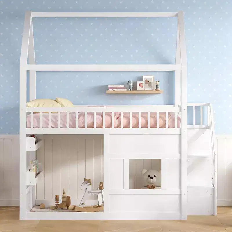 Luxystar Full size Wood House Loft Bed with Built-in Shelf, Storage Staircase and Light