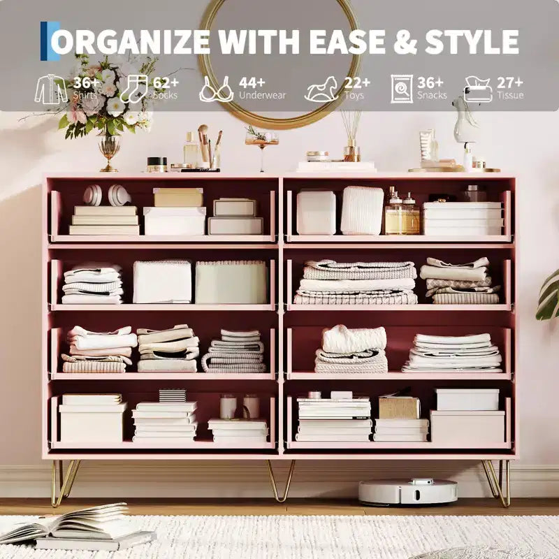 Modern 8-Drawer Fluted Dresser with Metal Handles - 55 Inch Wide TV Stand & Storage Chest, Wooden Media Console for Bedroom, Living Room, Hallway