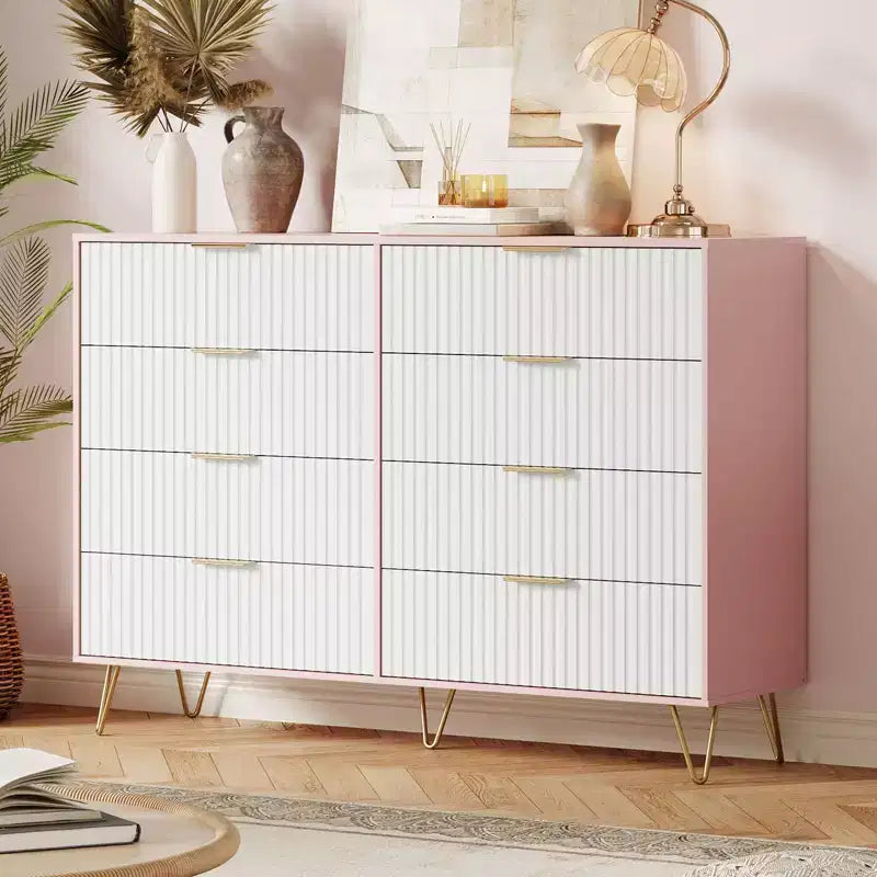 Modern 8-Drawer Fluted Dresser with Metal Handles - 55 Inch Wide TV Stand & Storage Chest, Wooden Media Console for Bedroom, Living Room, Hallway