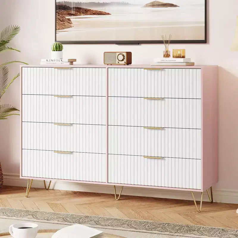 Modern 8-Drawer Fluted Dresser with Metal Handles - 55 Inch Wide TV Stand & Storage Chest, Wooden Media Console for Bedroom, Living Room, Hallway