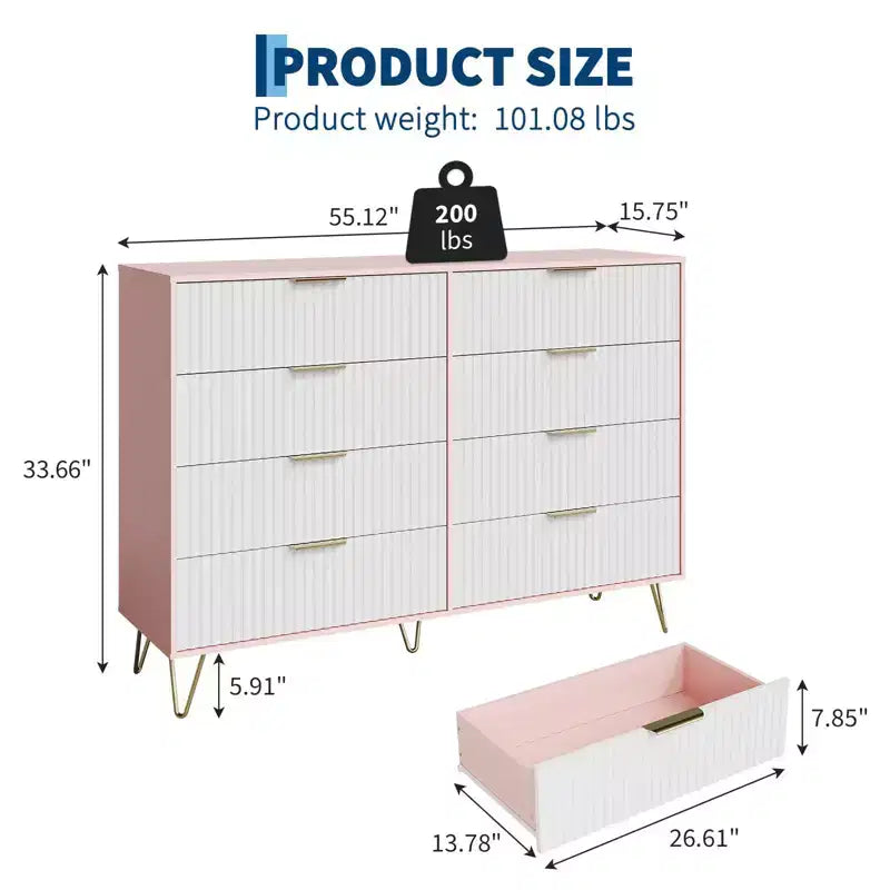 Modern 8-Drawer Fluted Dresser with Metal Handles - 55 Inch Wide TV Stand & Storage Chest, Wooden Media Console for Bedroom, Living Room, Hallway