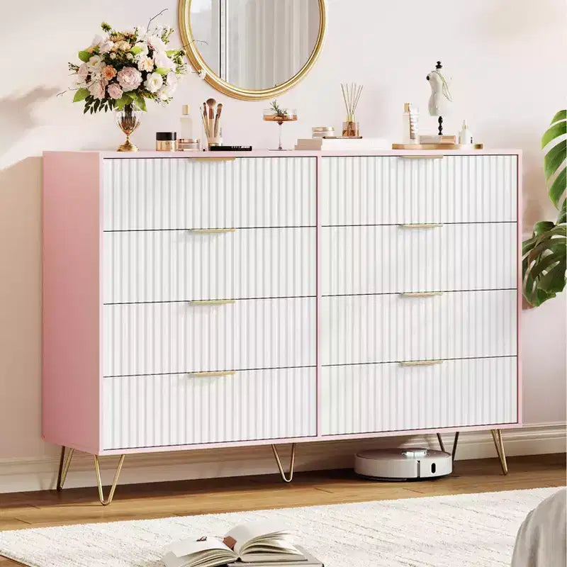 Modern 8-Drawer Fluted Dresser with Metal Handles - 55 Inch Wide TV Stand & Storage Chest, Wooden Media Console for Bedroom, Living Room, Hallway