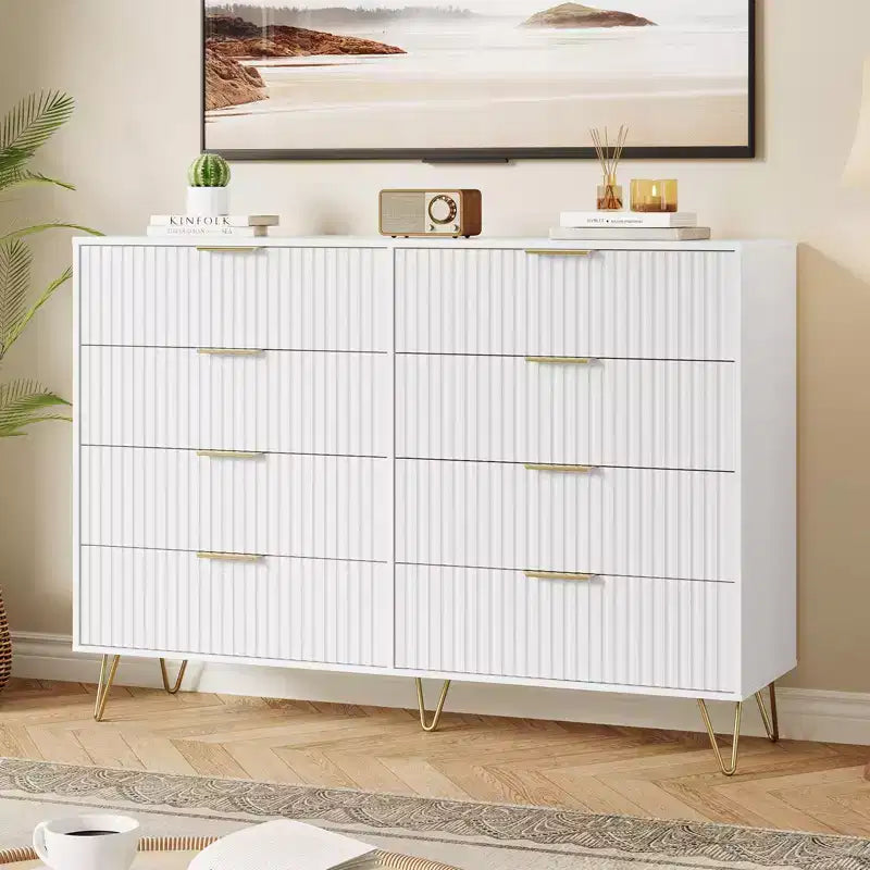 Modern 8-Drawer Fluted Dresser with Metal Handles - 55 Inch Wide TV Stand & Storage Chest, Wooden Media Console for Bedroom, Living Room, Hallway