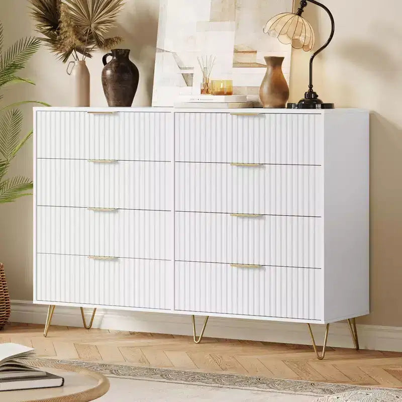 Modern 8-Drawer Fluted Dresser with Metal Handles - 55 Inch Wide TV Stand & Storage Chest, Wooden Media Console for Bedroom, Living Room, Hallway