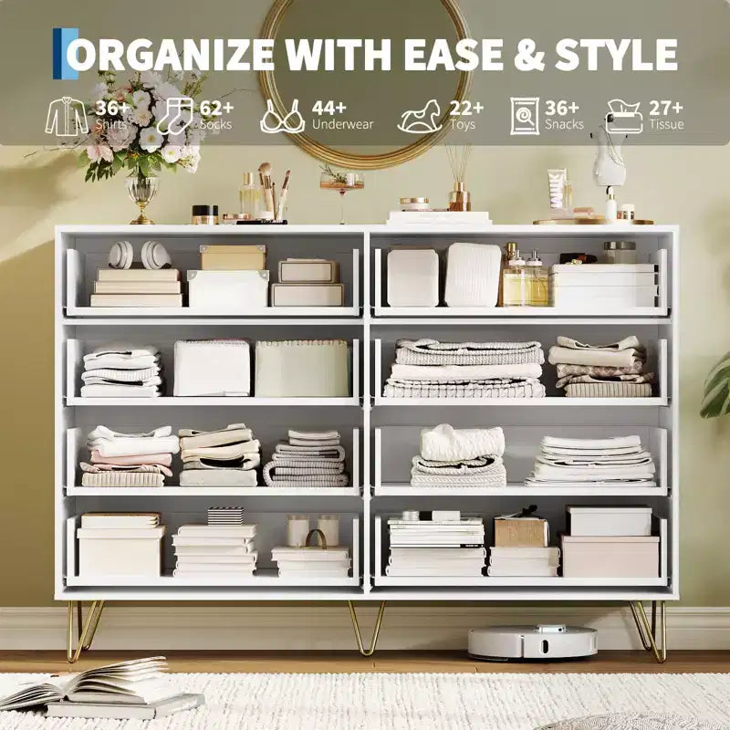 Modern 8-Drawer Fluted Dresser with Metal Handles - 55 Inch Wide TV Stand & Storage Chest, Wooden Media Console for Bedroom, Living Room, Hallway