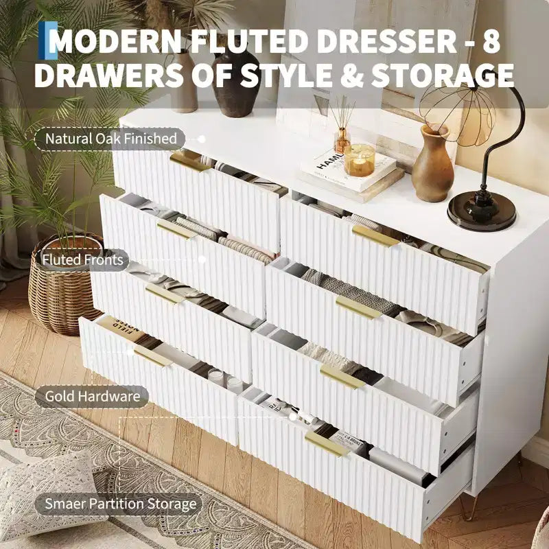 Modern 8-Drawer Fluted Dresser with Metal Handles - 55 Inch Wide TV Stand & Storage Chest, Wooden Media Console for Bedroom, Living Room, Hallway