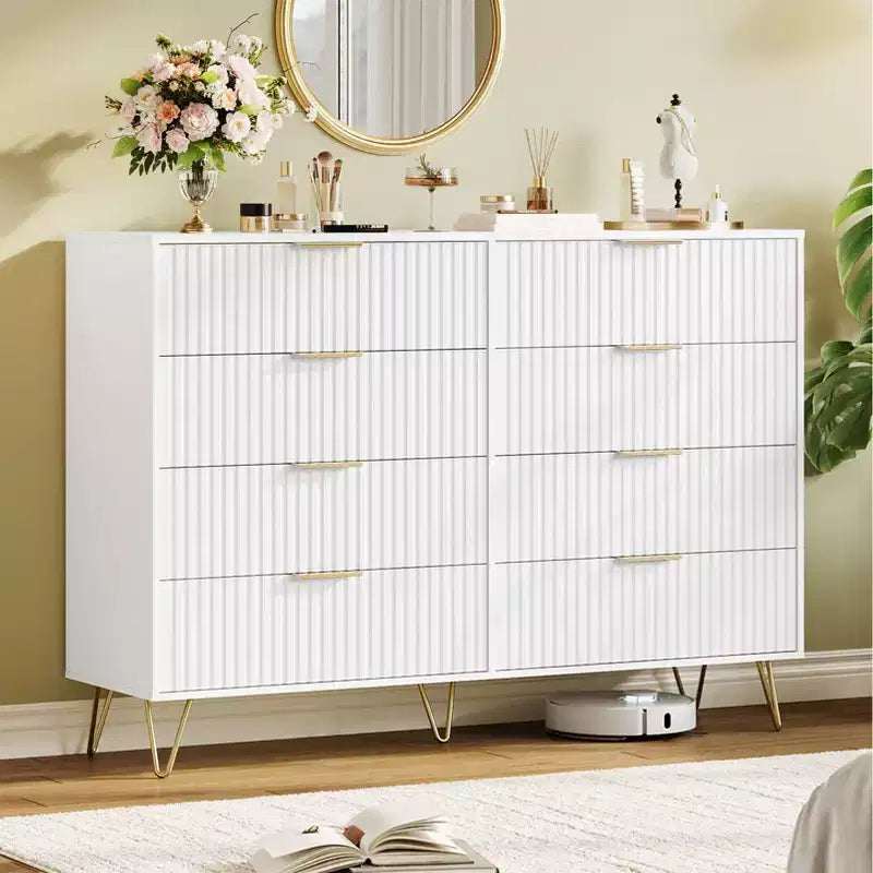 Modern 8-Drawer Fluted Dresser with Metal Handles - 55 Inch Wide TV Stand & Storage Chest, Wooden Media Console for Bedroom, Living Room, Hallway