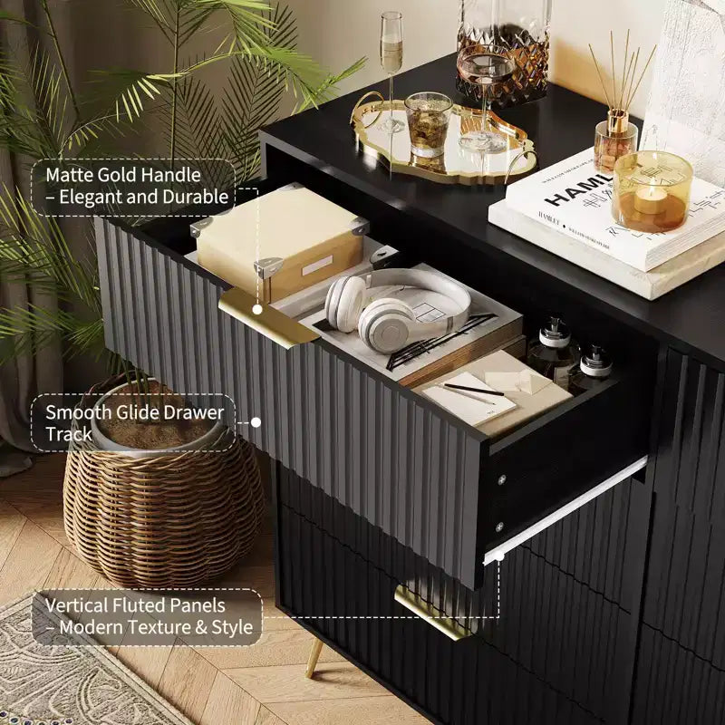 Modern 8-Drawer Fluted Dresser with Metal Handles - 55 Inch Wide TV Stand & Storage Chest, Wooden Media Console for Bedroom, Living Room, Hallway