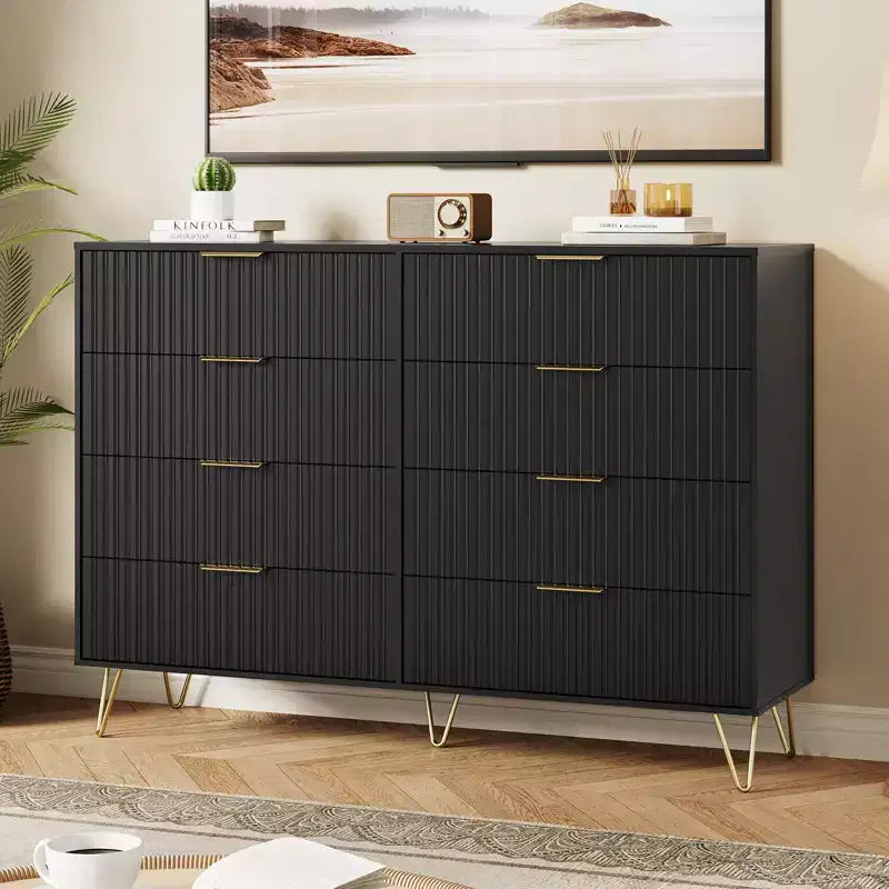 Modern 8-Drawer Fluted Dresser with Metal Handles - 55 Inch Wide TV Stand & Storage Chest, Wooden Media Console for Bedroom, Living Room, Hallway