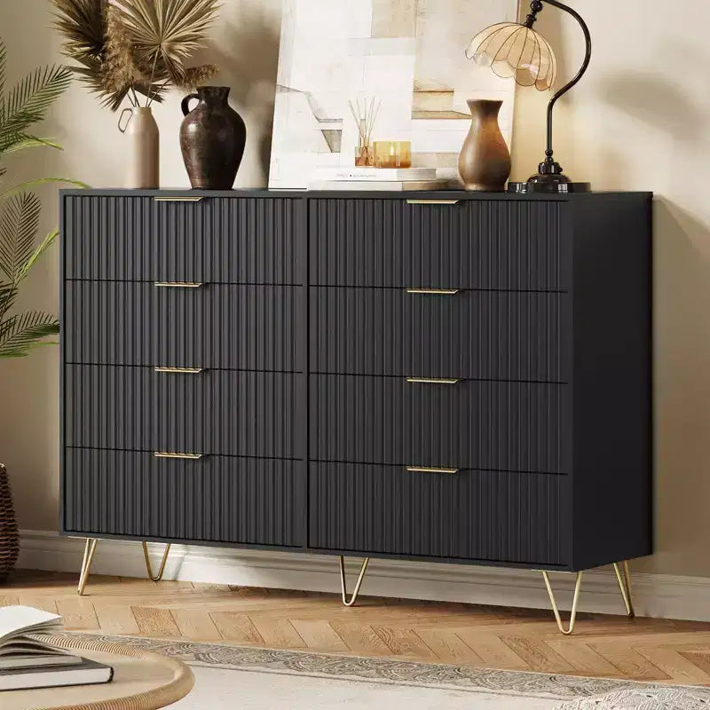 Modern 8-Drawer Fluted Dresser with Metal Handles - 55 Inch Wide TV Stand & Storage Chest, Wooden Media Console for Bedroom, Living Room, Hallway