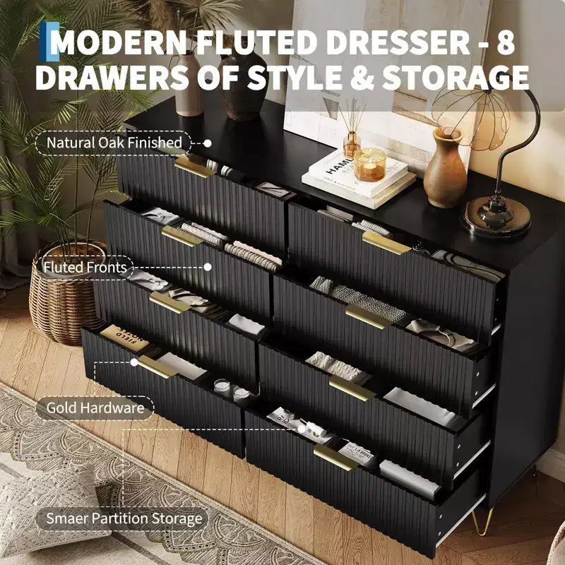 Modern 8-Drawer Fluted Dresser with Metal Handles - 55 Inch Wide TV Stand & Storage Chest, Wooden Media Console for Bedroom, Living Room, Hallway