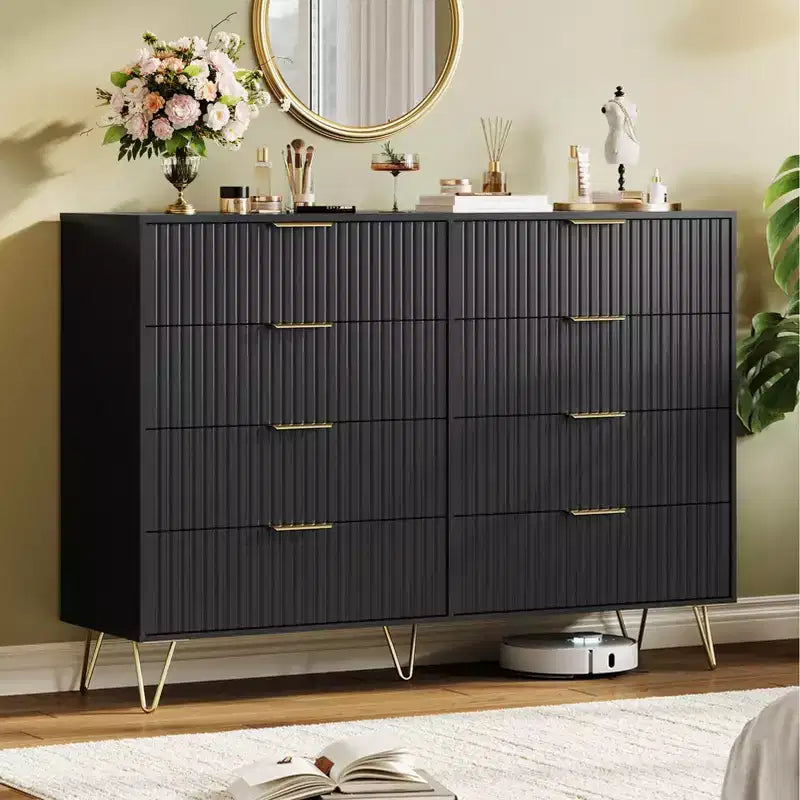 Modern 8-Drawer Fluted Dresser with Metal Handles - 55 Inch Wide TV Stand & Storage Chest, Wooden Media Console for Bedroom, Living Room, Hallway