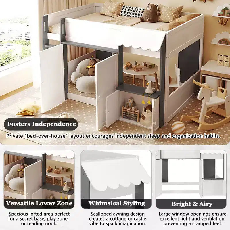 GDFStudio Nguyen Loft House Bed with Playhouse & Storage, Full Size