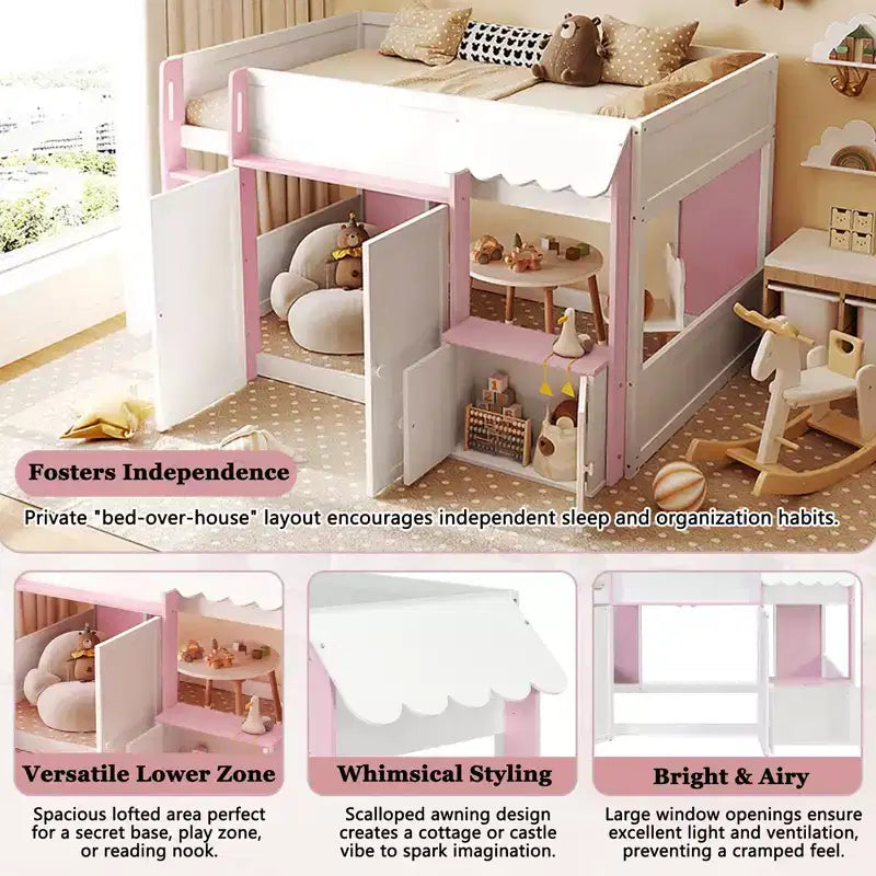 GDFStudio Nguyen Loft House Bed with Playhouse & Storage, Full Size