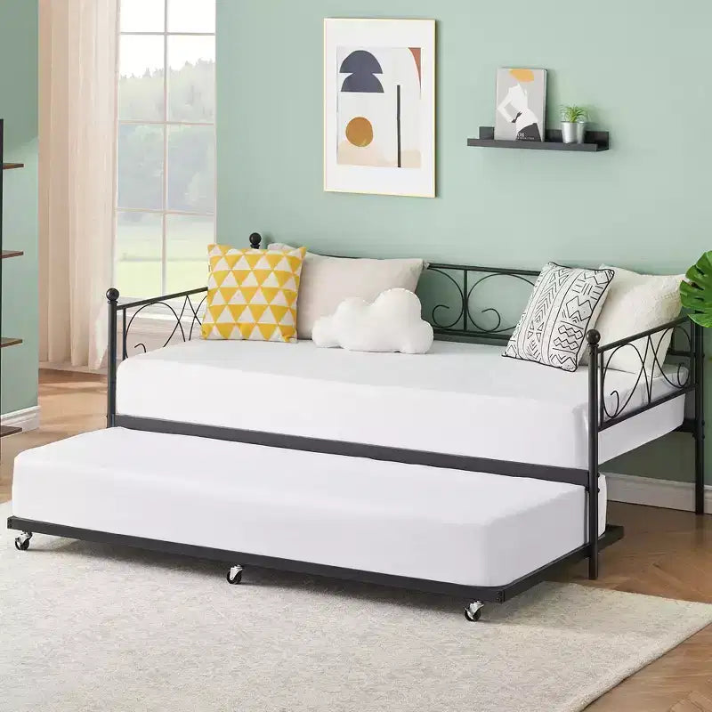 Heavy Duty Twin Size Metal Bed Frame with Headboard, Steel Slat Platform Bedframe, Space-Saving Design for Bedroom, Guest Room and Living Room