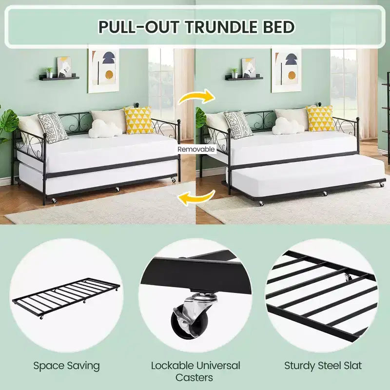 Heavy Duty Twin Size Metal Bed Frame with Headboard, Steel Slat Platform Bedframe, Space-Saving Design for Bedroom, Guest Room and Living Room