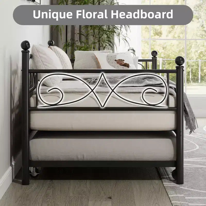 Heavy Duty Twin Size Metal Bed Frame with Headboard, Steel Slat Platform Bedframe, Space-Saving Design for Bedroom, Guest Room and Living Room