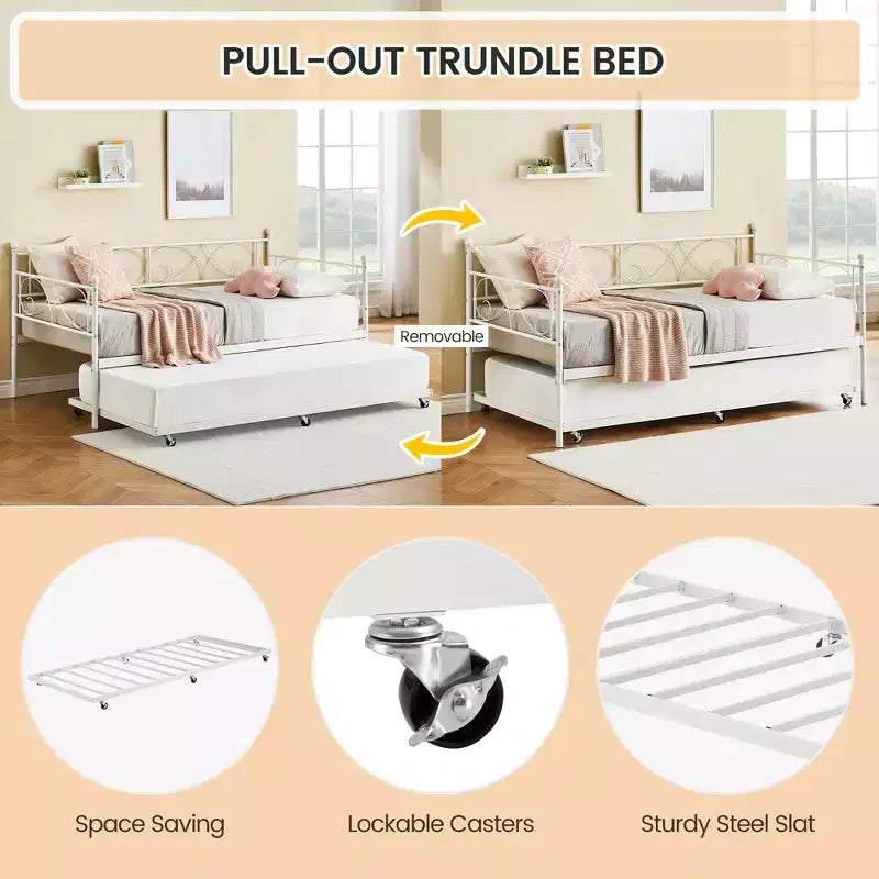 Heavy Duty Twin Size Metal Bed Frame with Headboard, Steel Slat Platform Bedframe, Space-Saving Design for Bedroom, Guest Room and Living Room