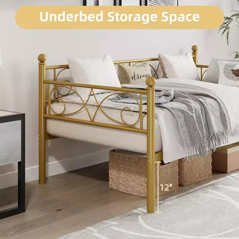 Heavy Duty Twin Size Metal Bed Frame with Headboard, Steel Slat Platform Bedframe, Space-Saving Design for Bedroom, Guest Room and Living Room