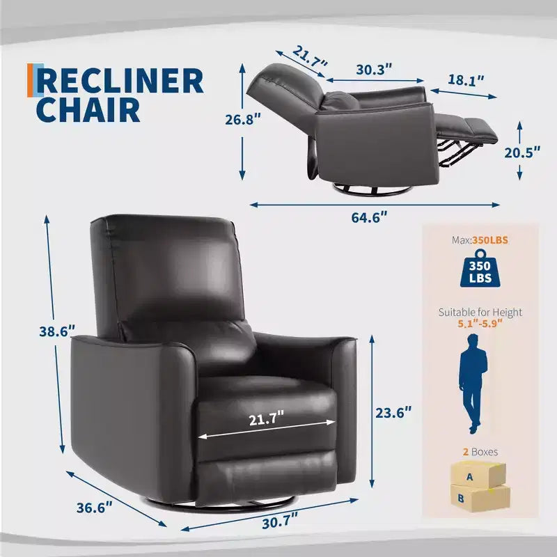 Swivel Rocking Nursery Recliner Chair Rocker Recliner Glider Deep Seat PU Leather Sofa Chair with high Backrest for Nursery, Living Room, Bedroom