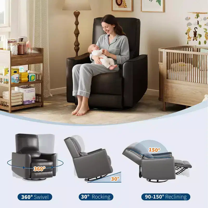 Swivel Rocking Nursery Recliner Chair Rocker Recliner Glider Deep Seat PU Leather Sofa Chair with high Backrest for Nursery, Living Room, Bedroom