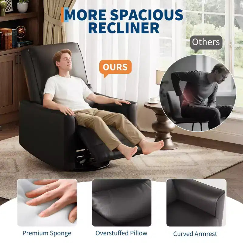 Swivel Rocking Nursery Recliner Chair Rocker Recliner Glider Deep Seat PU Leather Sofa Chair with high Backrest for Nursery, Living Room, Bedroom