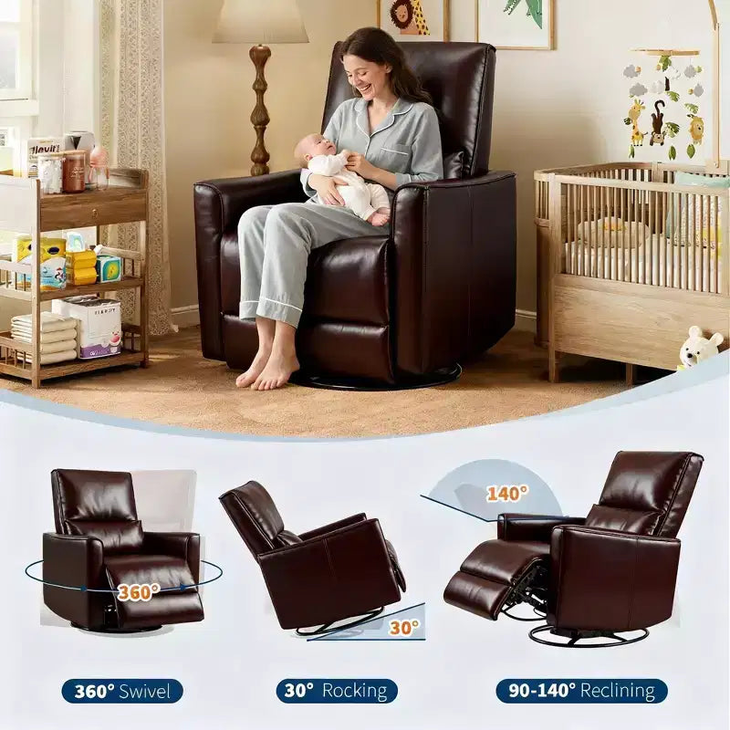 Swivel Rocking Nursery Recliner Chair Rocker Recliner Glider Deep Seat PU Leather Sofa Chair with high Backrest for Nursery, Living Room, Bedroom