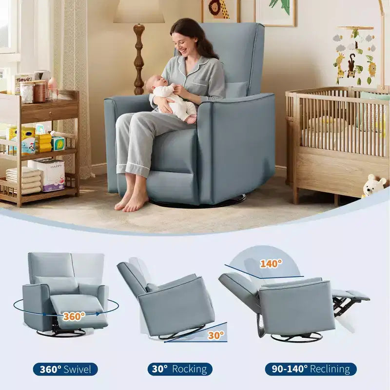 Swivel Rocking Nursery Recliner Chair Rocker Recliner Glider Deep Seat PU Leather Sofa Chair with high Backrest for Nursery, Living Room, Bedroom