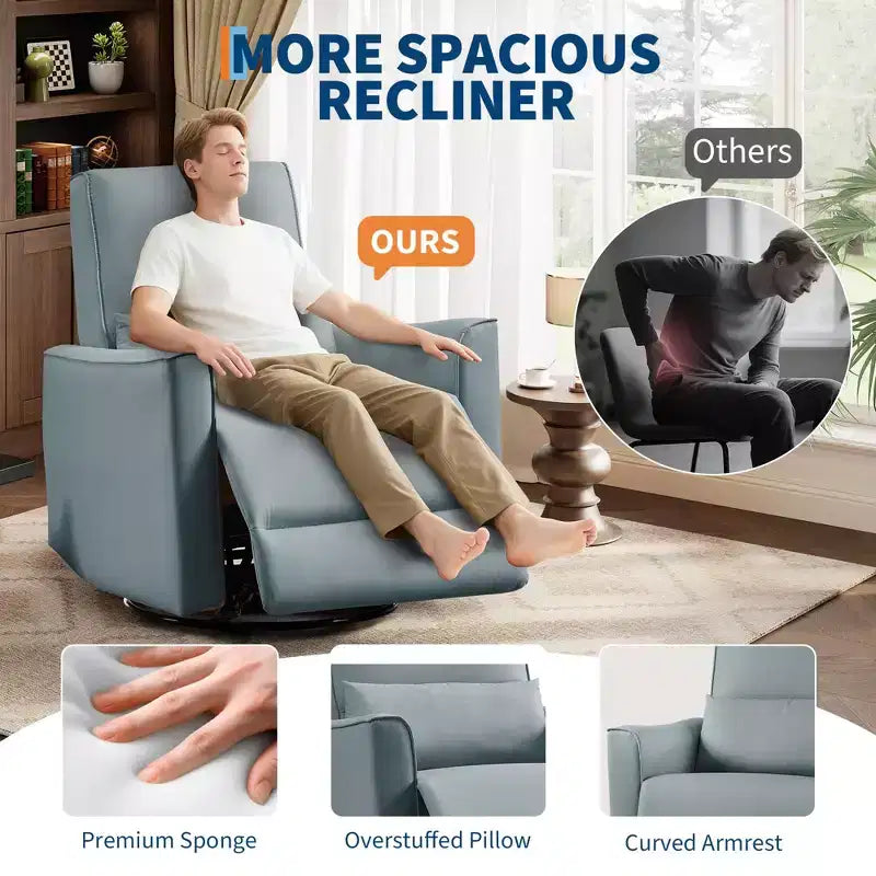 Swivel Rocking Nursery Recliner Chair Rocker Recliner Glider Deep Seat PU Leather Sofa Chair with high Backrest for Nursery, Living Room, Bedroom
