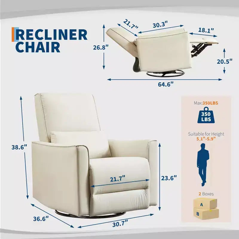 Swivel Rocking Nursery Recliner Chair Rocker Recliner Glider Deep Seat PU Leather Sofa Chair with high Backrest for Nursery, Living Room, Bedroom
