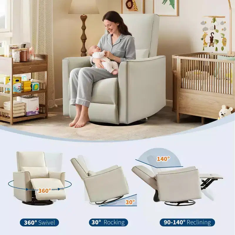 Swivel Rocking Nursery Recliner Chair Rocker Recliner Glider Deep Seat PU Leather Sofa Chair with high Backrest for Nursery, Living Room, Bedroom