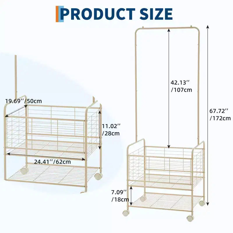 Rolling Metal Clothes Rack with Wheels, Shelves & Basket, Portable Garment Laundry Cart for Laundry Room, Bathroom, Bedroom