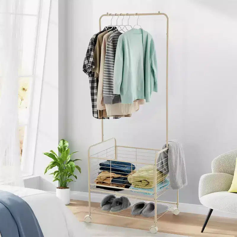Rolling Metal Clothes Rack with Wheels, Shelves & Basket, Portable Garment Laundry Cart for Laundry Room, Bathroom, Bedroom