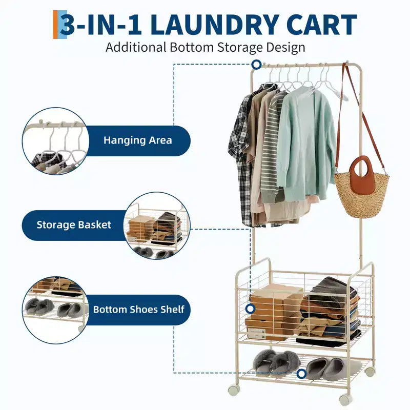 Rolling Metal Clothes Rack with Wheels, Shelves & Basket, Portable Garment Laundry Cart for Laundry Room, Bathroom, Bedroom