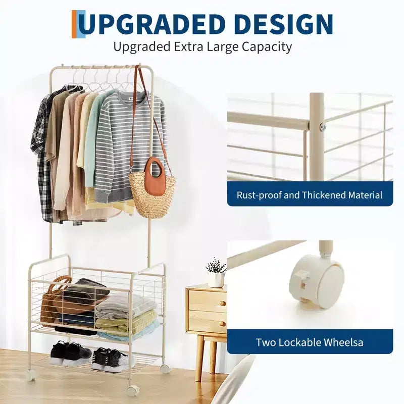 Rolling Metal Clothes Rack with Wheels, Shelves & Basket, Portable Garment Laundry Cart for Laundry Room, Bathroom, Bedroom