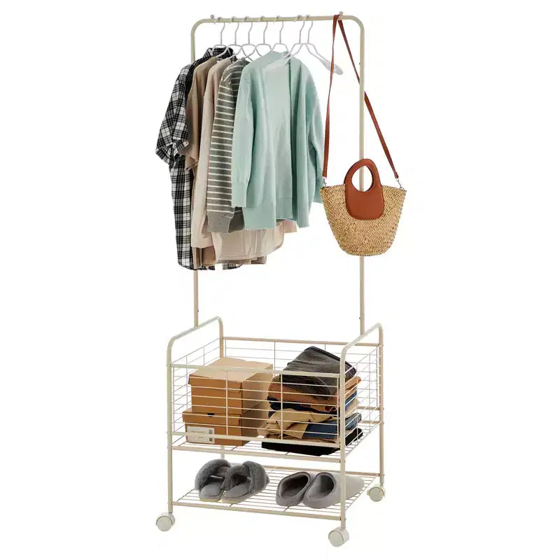 Rolling Metal Clothes Rack with Wheels, Shelves & Basket, Portable Garment Laundry Cart for Laundry Room, Bathroom, Bedroom