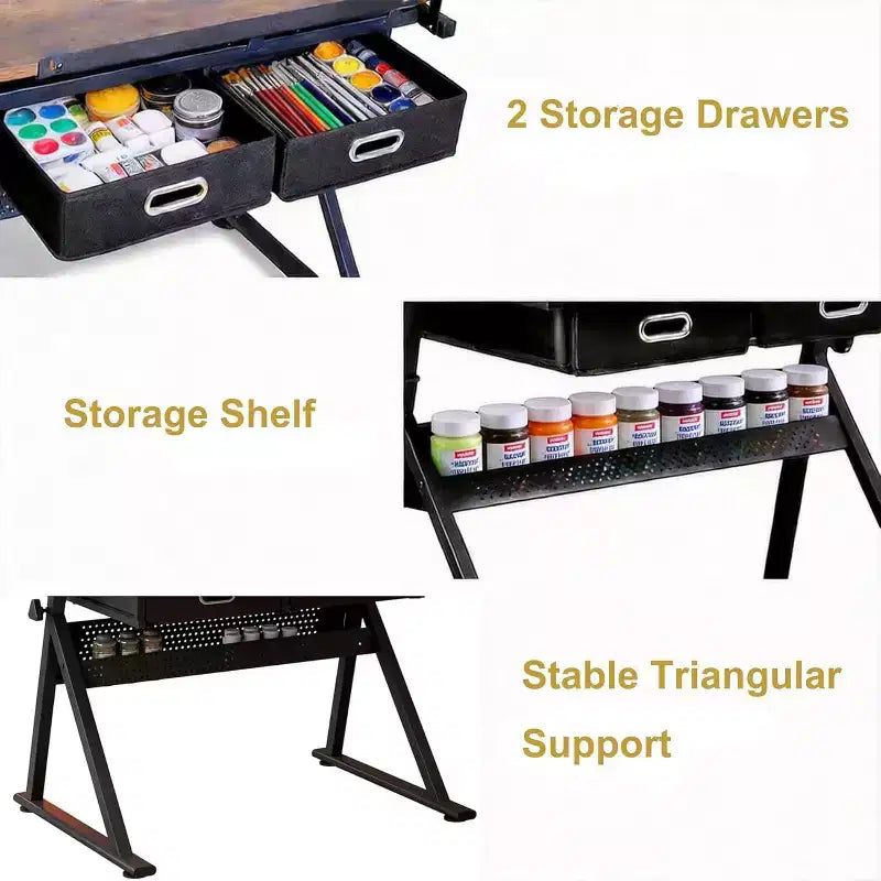 Adjustable Height Drafting Table, 2 Storage Drawers & Stool, Multipurpose Artist Desk, for Home, Office