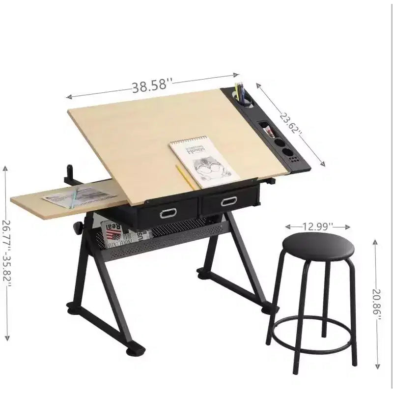 Adjustable Height Drafting Table, 2 Storage Drawers & Stool, Multipurpose Artist Desk, for Home, Office