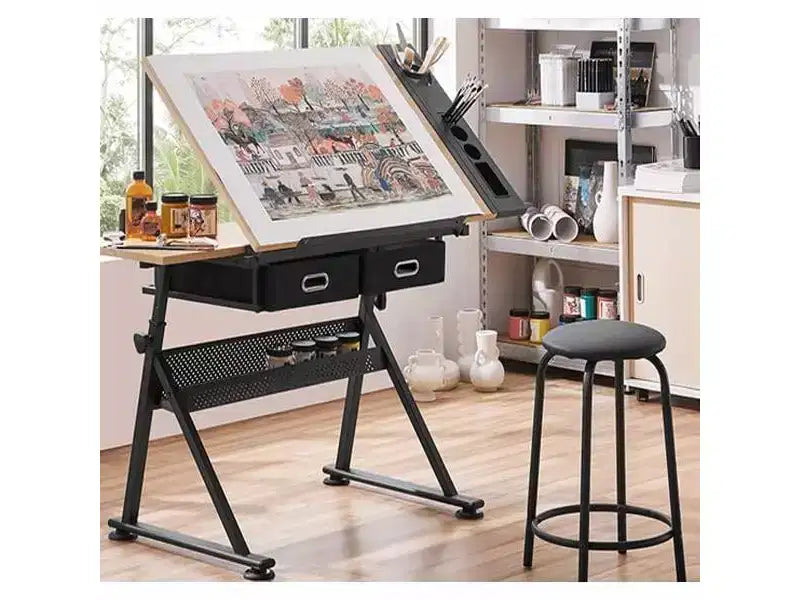 Adjustable Height Drafting Table, 2 Storage Drawers & Stool, Multipurpose Artist Desk, for Home, Office