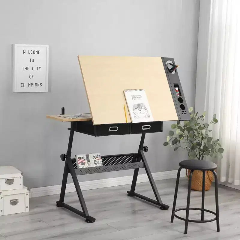 Adjustable Height Drafting Table, 2 Storage Drawers & Stool, Multipurpose Artist Desk, for Home, Office