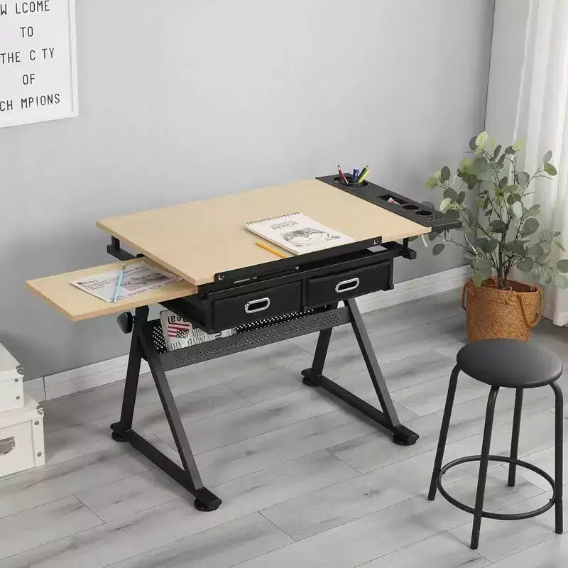 Adjustable Height Drafting Table, 2 Storage Drawers & Stool, Multipurpose Artist Desk, for Home, Office