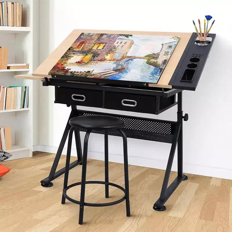 Adjustable Height Drafting Table, 2 Storage Drawers & Stool, Multipurpose Artist Desk, for Home, Office