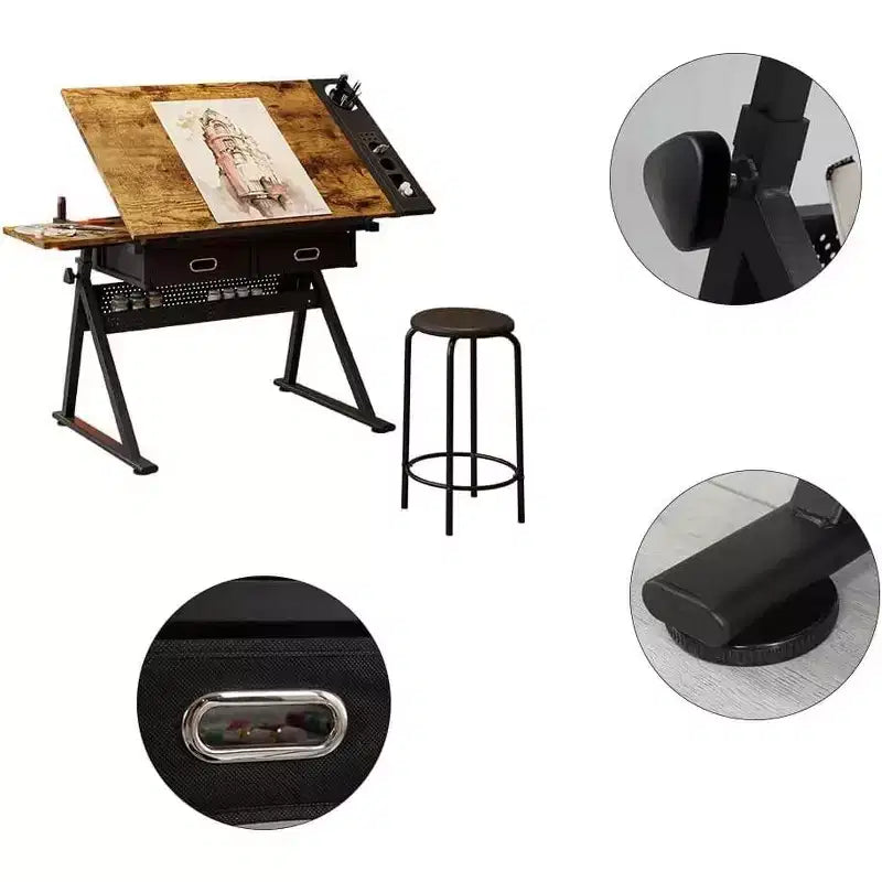 Adjustable Height Drafting Table, 2 Storage Drawers & Stool, Multipurpose Artist Desk, for Home, Office