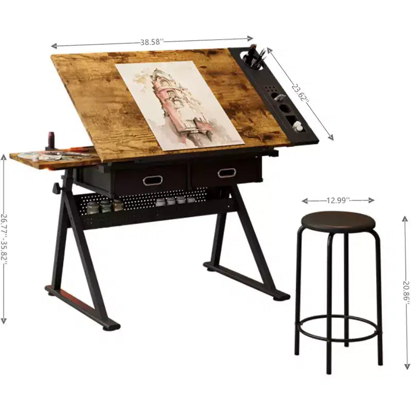 Adjustable Height Drafting Table, 2 Storage Drawers & Stool, Multipurpose Artist Desk, for Home, Office